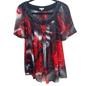 Agora Womens Red Black Abstract Floral Sequin Scoop Neck Chiffon Sheer Blouse M